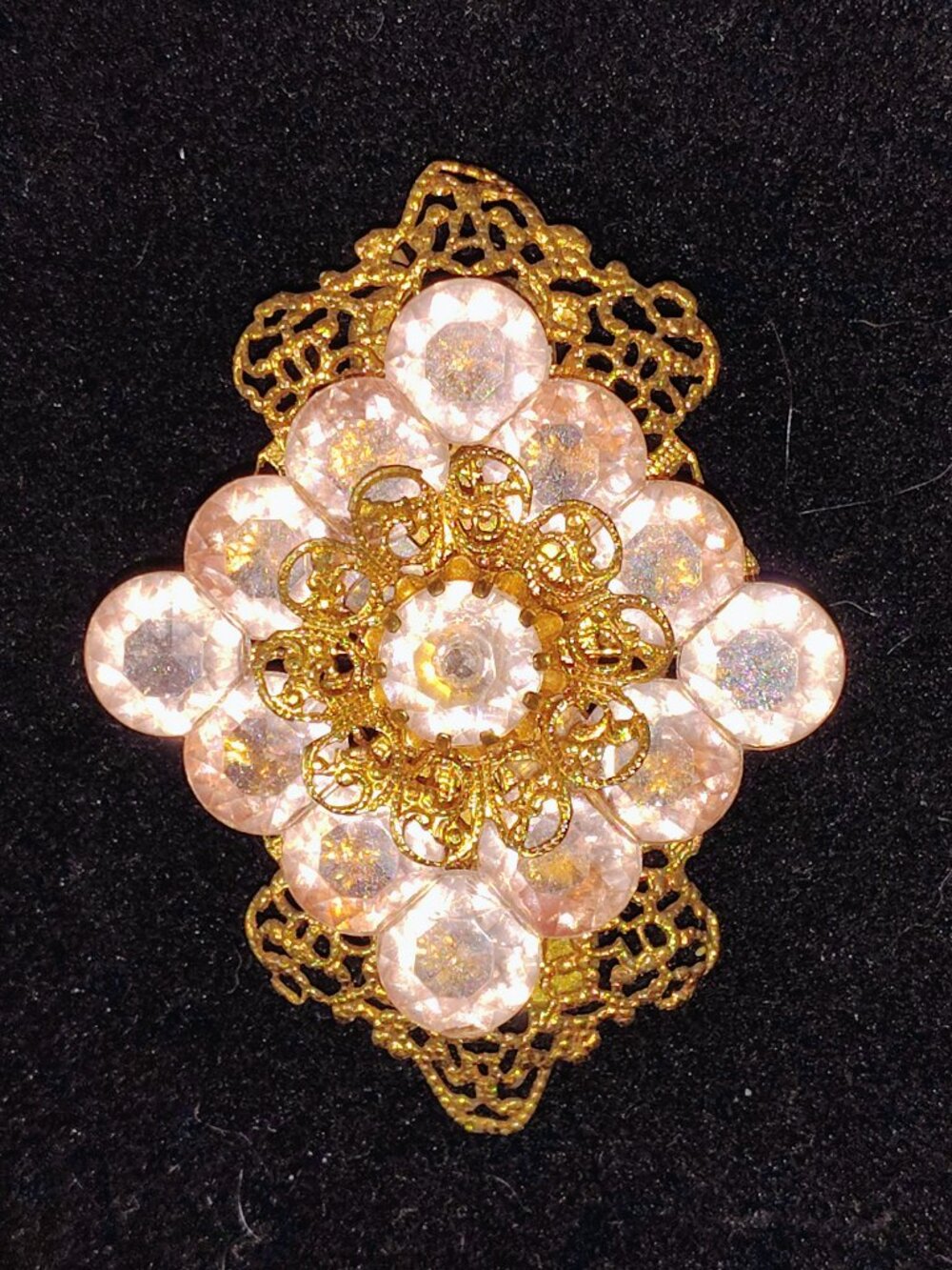 Vintage Gold‑Tone Filigree Button Cover Brooch • Pink Rhinestone Cluster • 1970s